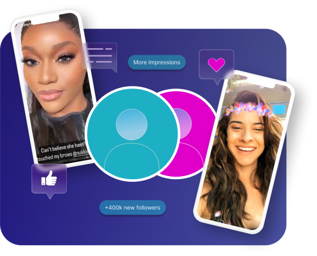 Phone screens with creator content showing impressions and follower growth