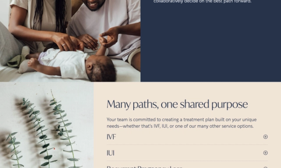 Screenshot of Reproductive Partners Medical Group’s fertility treatments page with IVF and IUI service navigation