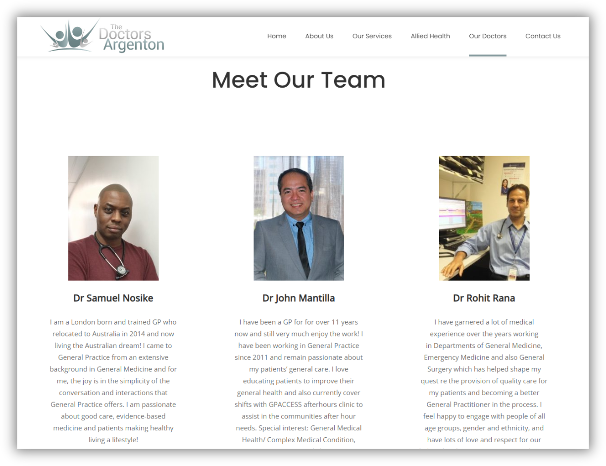 Medical practice team page with doctor biographies