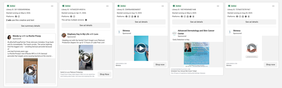 Meta Ad Library showing active dermatology ad creatives and video variants