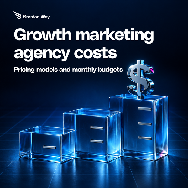 Growth marketing agency costs cover with three blue glass pricing tiers and a chrome dollar sign.