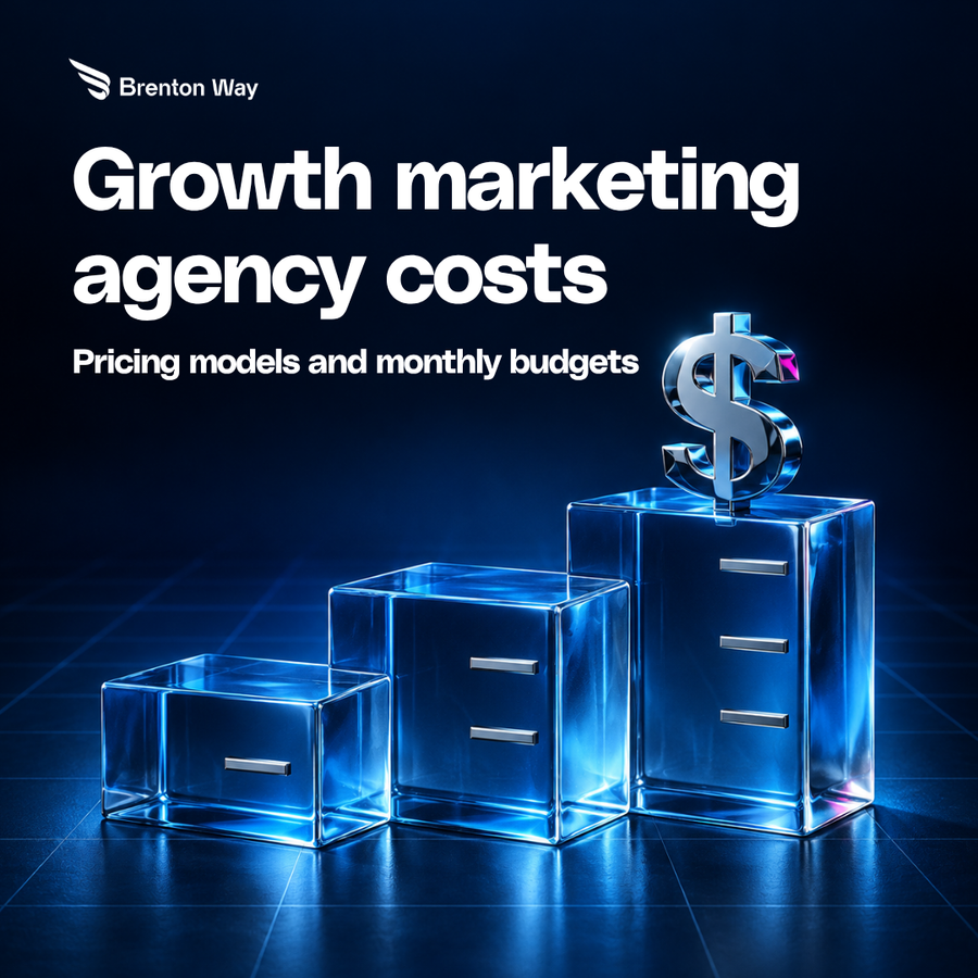 Growth marketing agency costs cover with three blue glass pricing tiers and a chrome dollar sign.