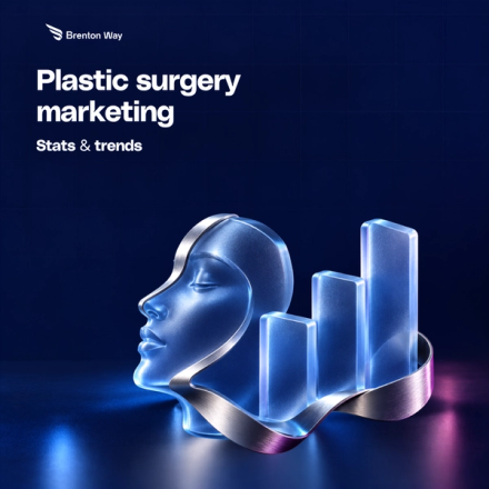 Brenton Way editorial illustration for plastic surgery marketing statistics and trends: an abstract glass facial profile beside sculptural data columns.