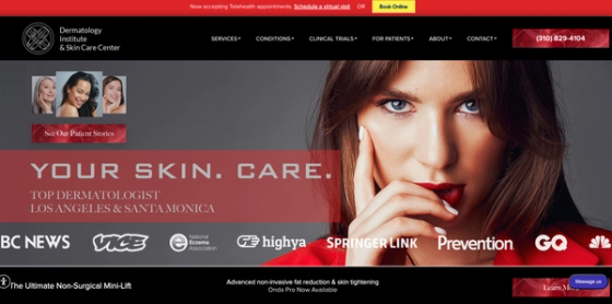 Dermatology Institute & Skin Care Center homepage hero featuring patient stories and press logos
