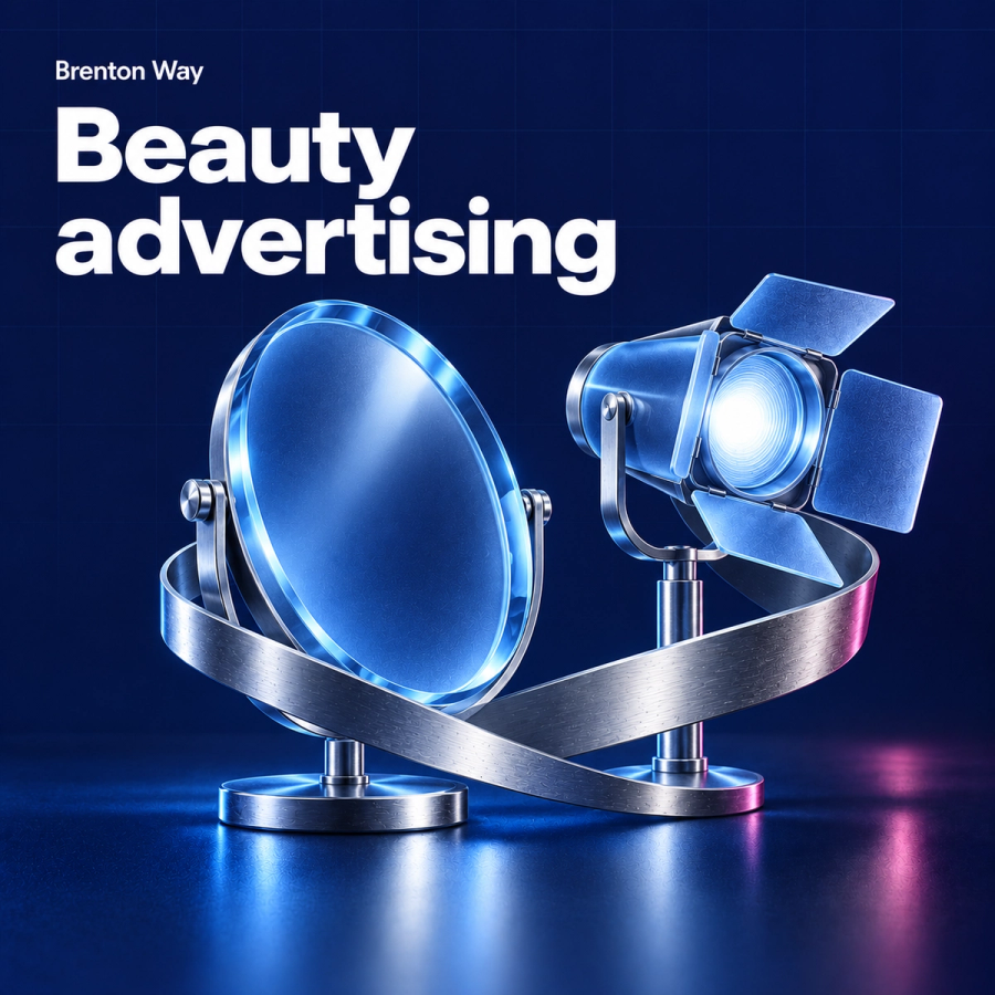 Brenton Way editorial cover for Beauty Advertising, featuring a blue frosted-glass vanity mirror and studio campaign spotlight joined by a chrome ribbon.