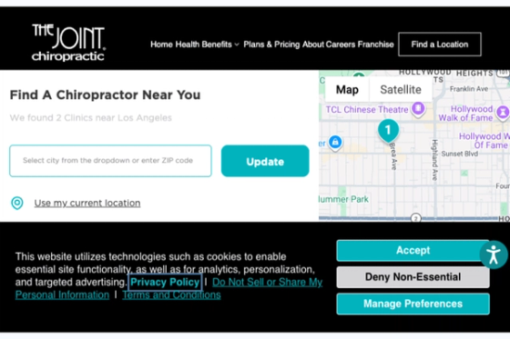 The Joint Chiropractic locator showing a patient-facing local appointment discovery experience