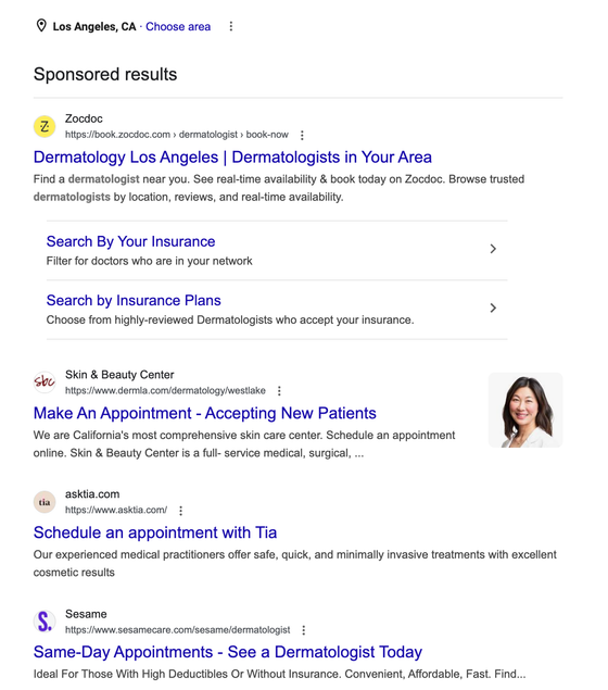 Google sponsored search results for dermatology in Los Angeles including Zocdoc and clinic ads