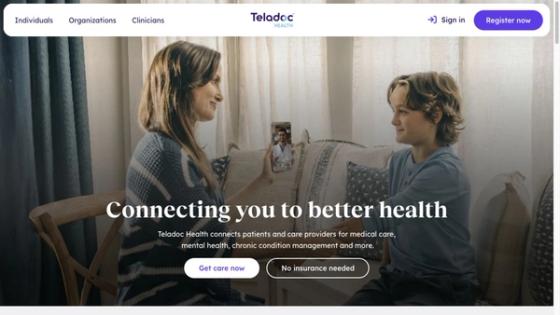 Teladoc Health patient landing page showing registration, sign-in, and get-care calls to action