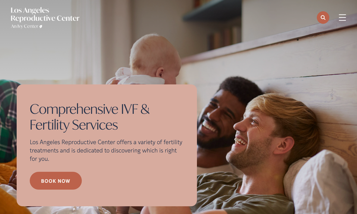 Screenshot of Los Angeles Reproductive Center’s fertility treatments page with its IVF services and Book Now button