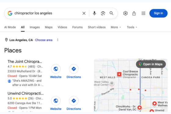 Google Search results for Los Angeles chiropractors showing the competitive local patient-acquisition environment