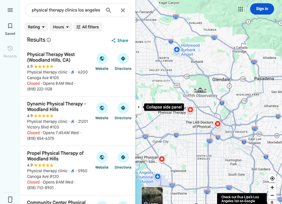 Google Maps results showing multi-location physical therapy clinics in Los Angeles