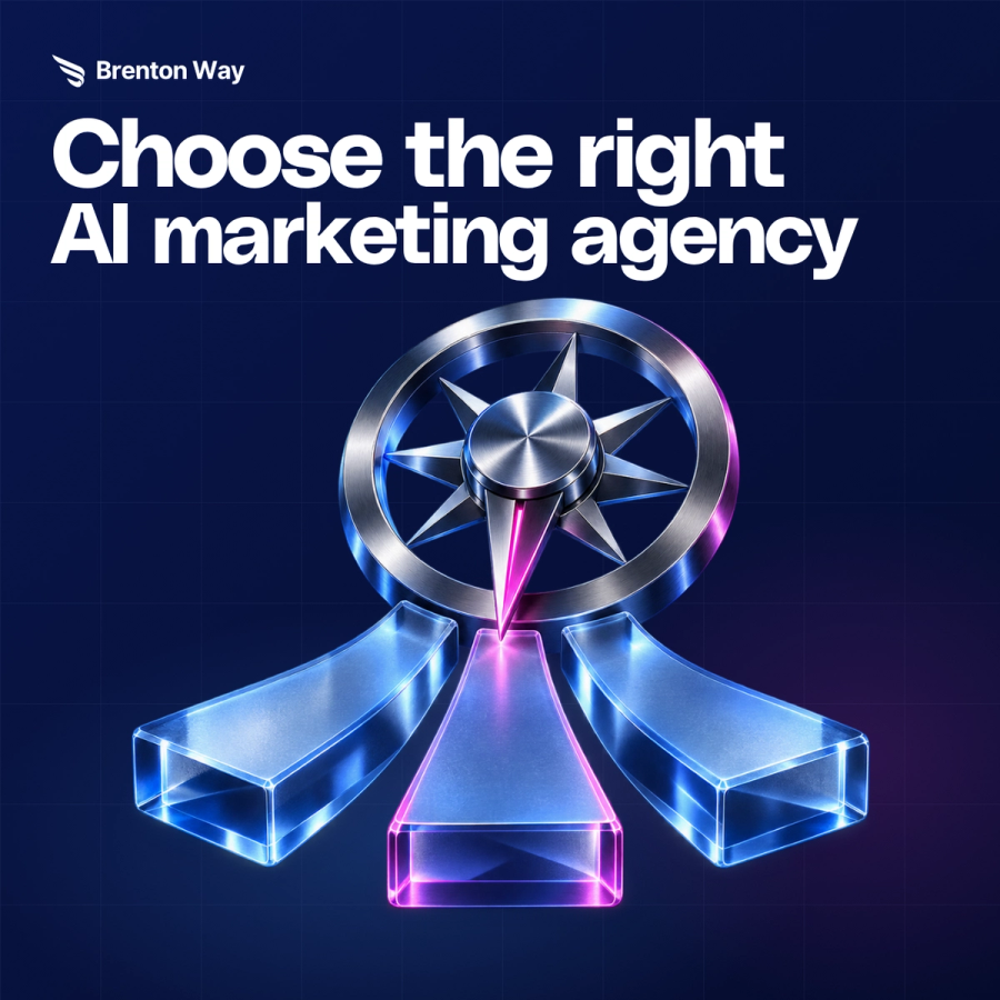 Chrome compass selecting one of three glass pathways on a Brenton Way AI marketing agency cover