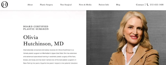 Homepage of a board-certified New York plastic surgeon's website leading with credentials, a portrait, and a phone number