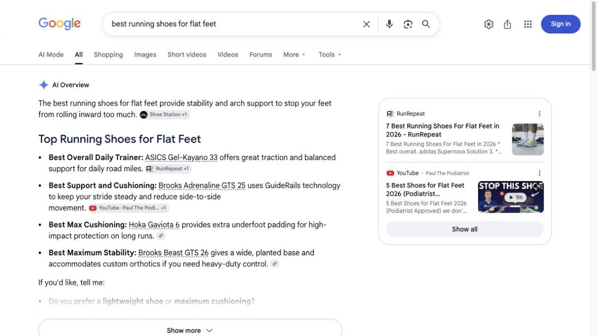 Google AI Overview reference — product recommendations