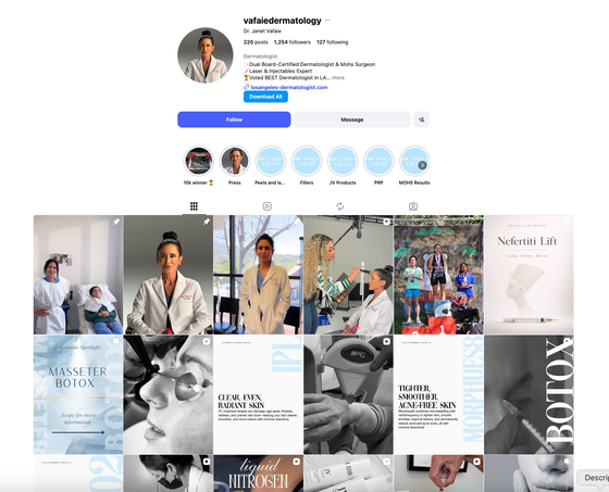 Instagram profile for @vafaiedermatology showing 220 posts and a treatment-focused content grid