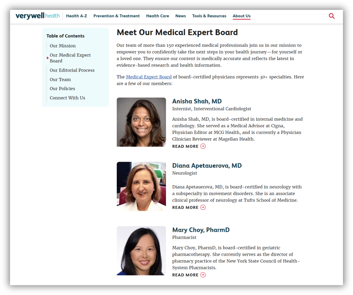 Verywell medical expert board profiles