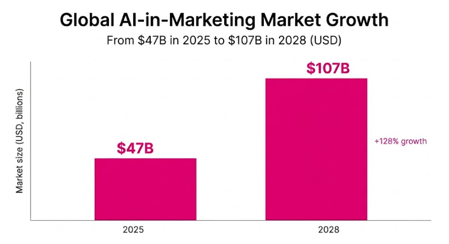 Bar chart of global AI-in-marketing market growth from $47B in 2025 to $107B in 2028 (+128%)