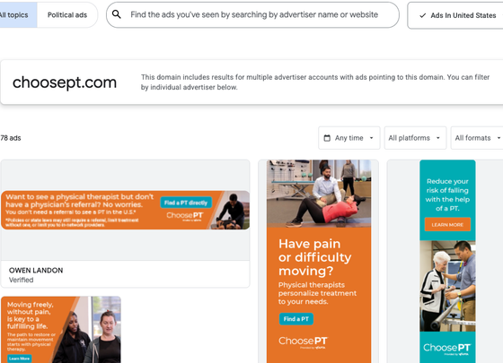 Google Ads Transparency Center showing ChoosePT physical therapy advertising examples