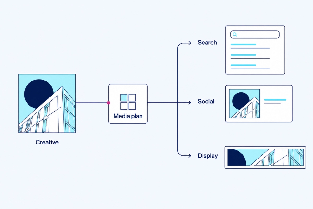 A creative concept distributed through a media plan to search, social, and display ads.