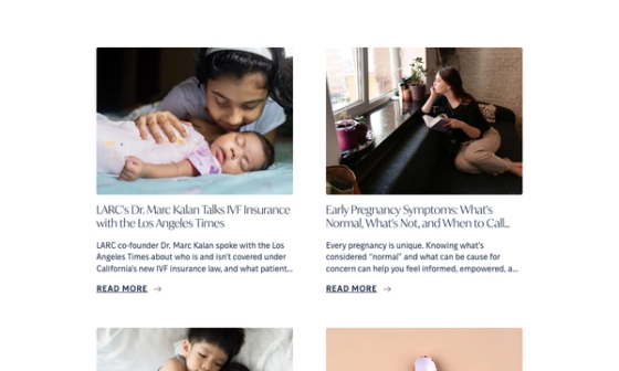 Screenshot of Los Angeles Reproductive Center’s resource library with fertility education articles