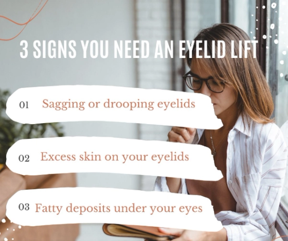 Social graphic titled '3 signs you need an eyelid lift', an example of procedure-education content that answers a patient question