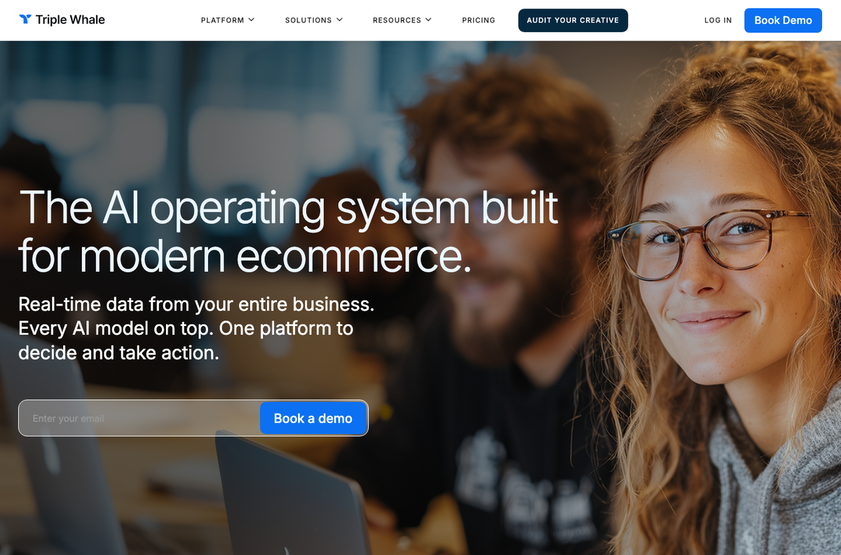 Triple Whale homepage screenshot showing the product website interface.