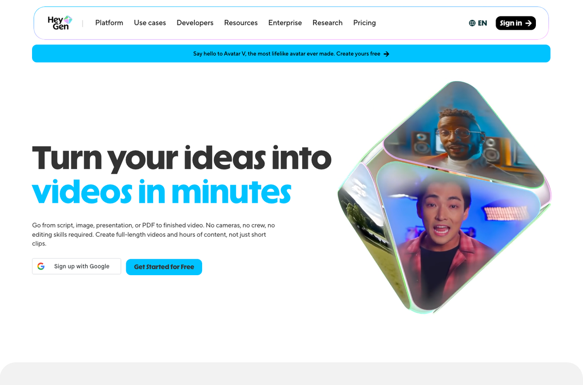 HeyGen homepage screenshot showing the product website interface.