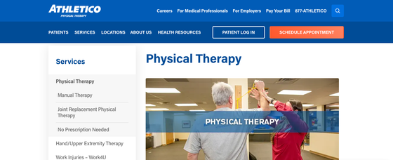 Athletico service page showing optimized on-page content for physical therapy services