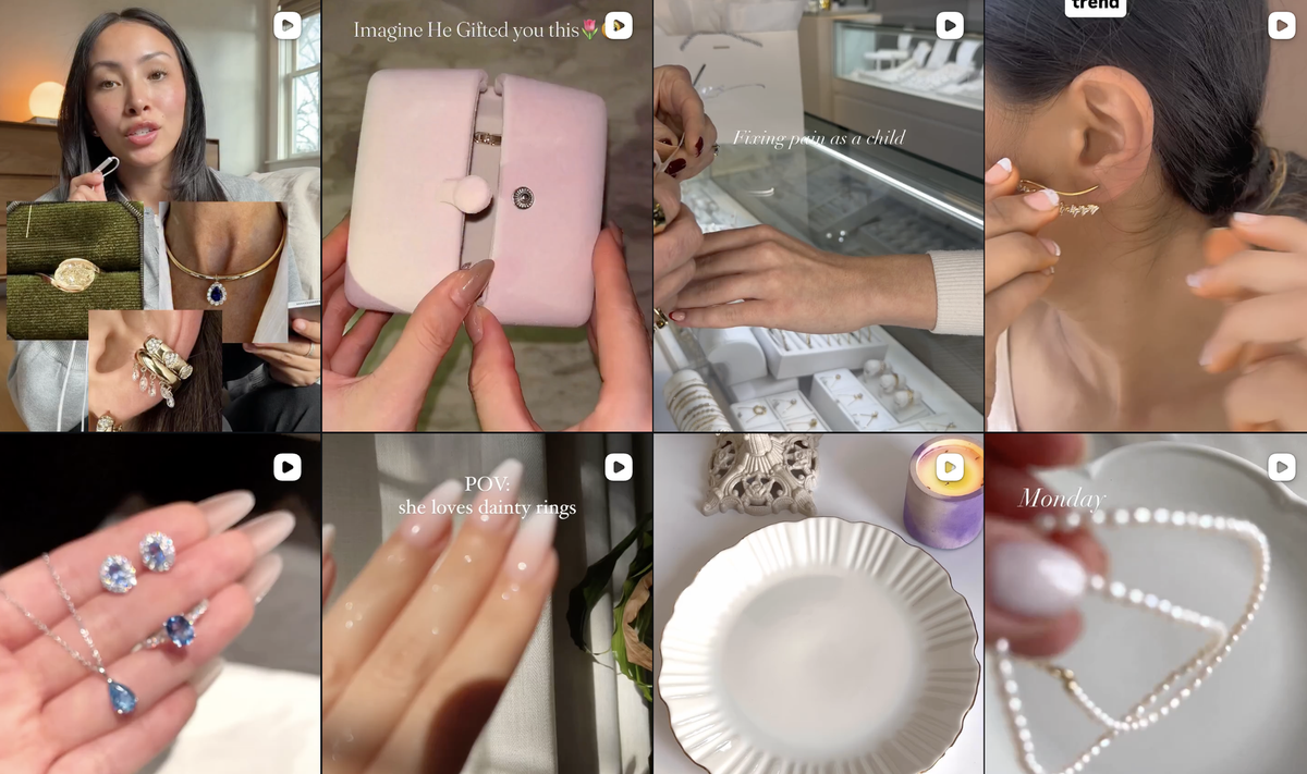 Jewelry social content examples showing gifting, rings, earrings, and product demonstrations.