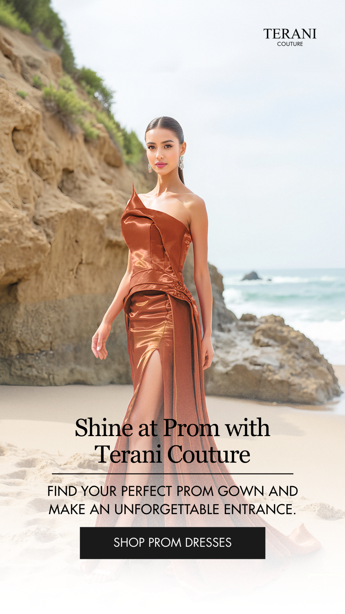 Terani Couture prom campaign — "Shine at Prom" — rust silk gown on beach