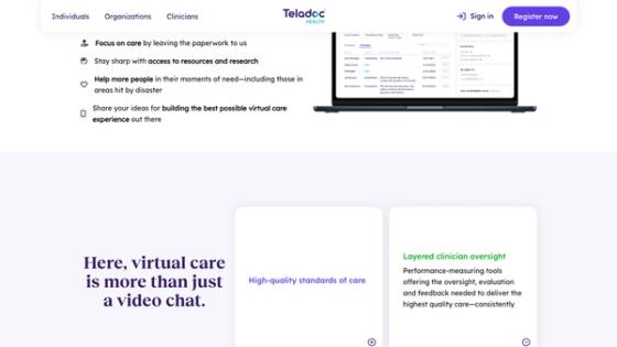 Teladoc Health Medical Group page explaining layered clinician oversight and performance feedback for virtual care