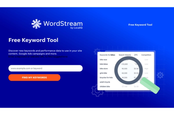 WordStream keyword research tool showing search volume and keyword competition insights