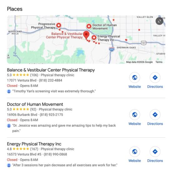 Google Maps local search results showing physical therapy clinics with ratings and reviews