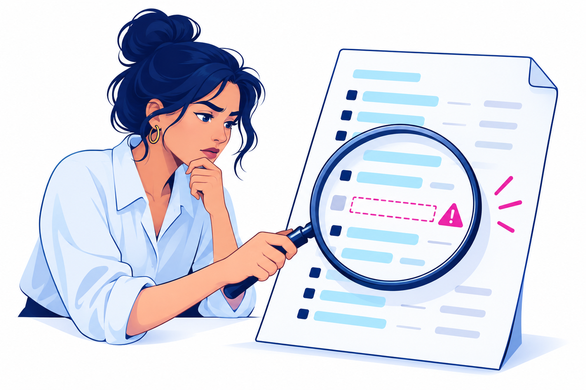 A strategist inspects an SEO proposal with a magnifying glass and a flagged line item.