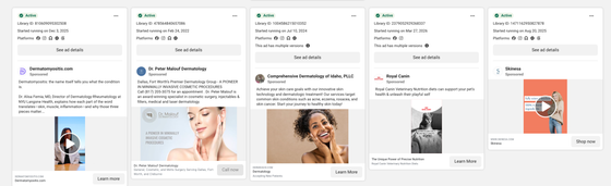 Meta Ad Library showing competitor dermatology ads including Dr. Peter Malouf Dermatology and Comprehensive Dermatology