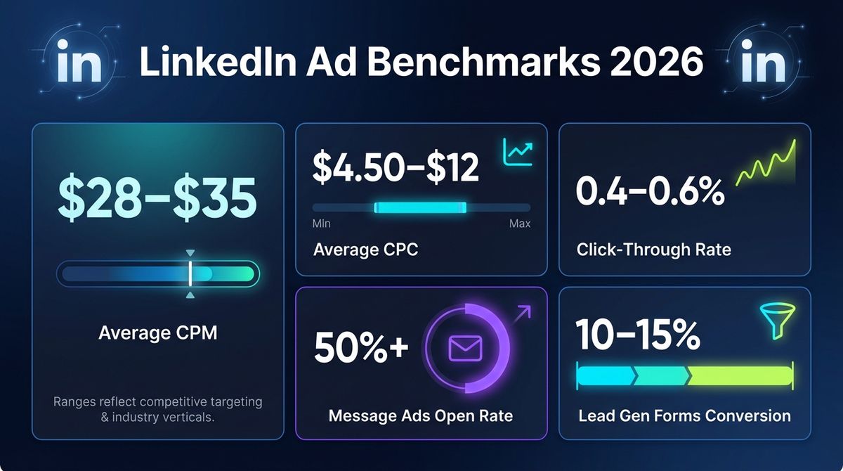 Dashboard-style infographic showing LinkedIn advertising benchmarks for 2026 including CPM $28-35, CPC $4.50-$12, CTR 0.4-0.6%, Message Ads open rate over 50%, and Lead Gen Forms conversion rate of 10-15%