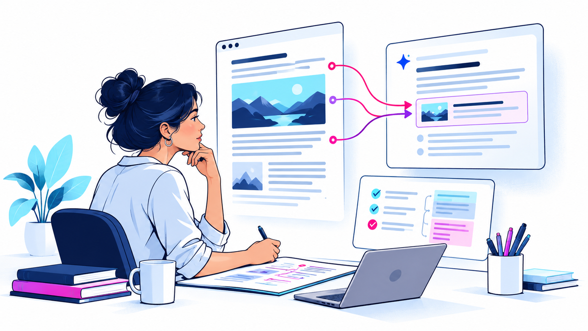 A strategist reviews an article and a connected AI answer panel.