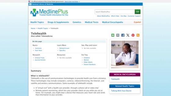 MedlinePlus telehealth topic page from the National Library of Medicine with structured patient information and trusted sources
