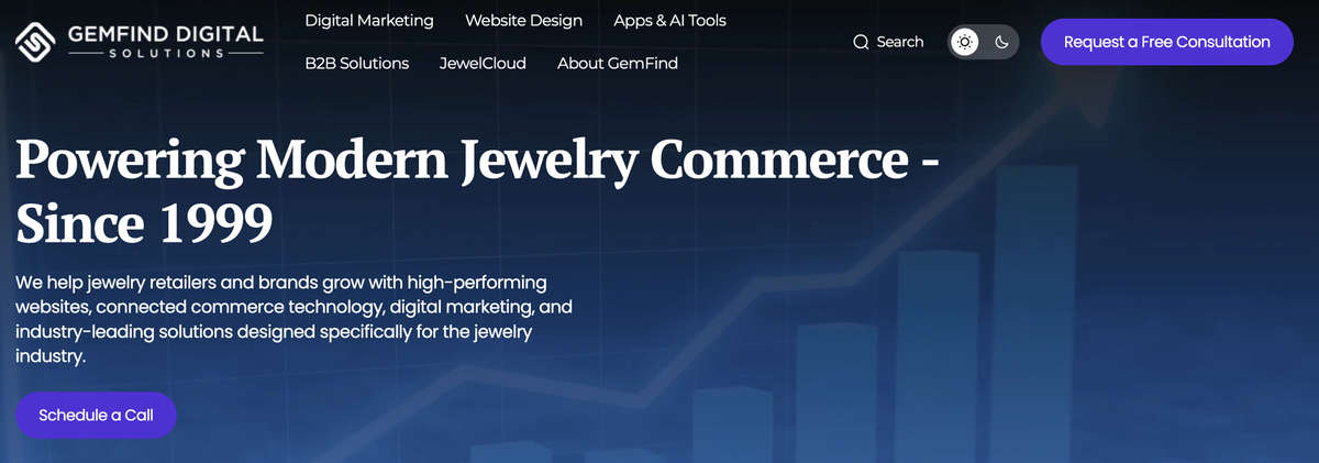 GemFind Digital Solutions website presenting jewelry commerce technology.