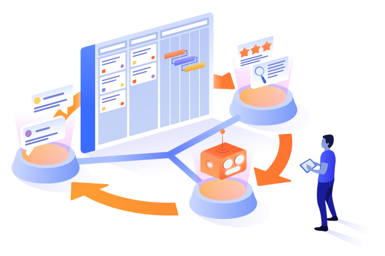 An isometric illustration of a workflow or project management system: a large board with task columns and cards in the centre, connected by branching lines to three circular platforms showing chat bubbles, ratings and a small robot-like icon, with orange arrows suggesting movement or a process cycle. A person stands on the right holding a tablet or phone and looking towards the system.