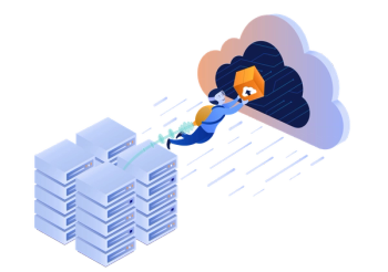 illustration of data center serves with a person parachuting to a cloud, holding a box with a cloud and upwards arrow