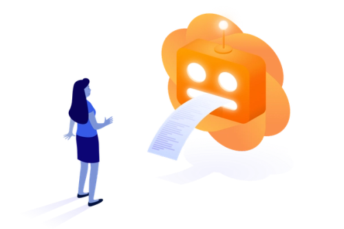 A person looking at a robot face with a ticket coming out of it's mouth