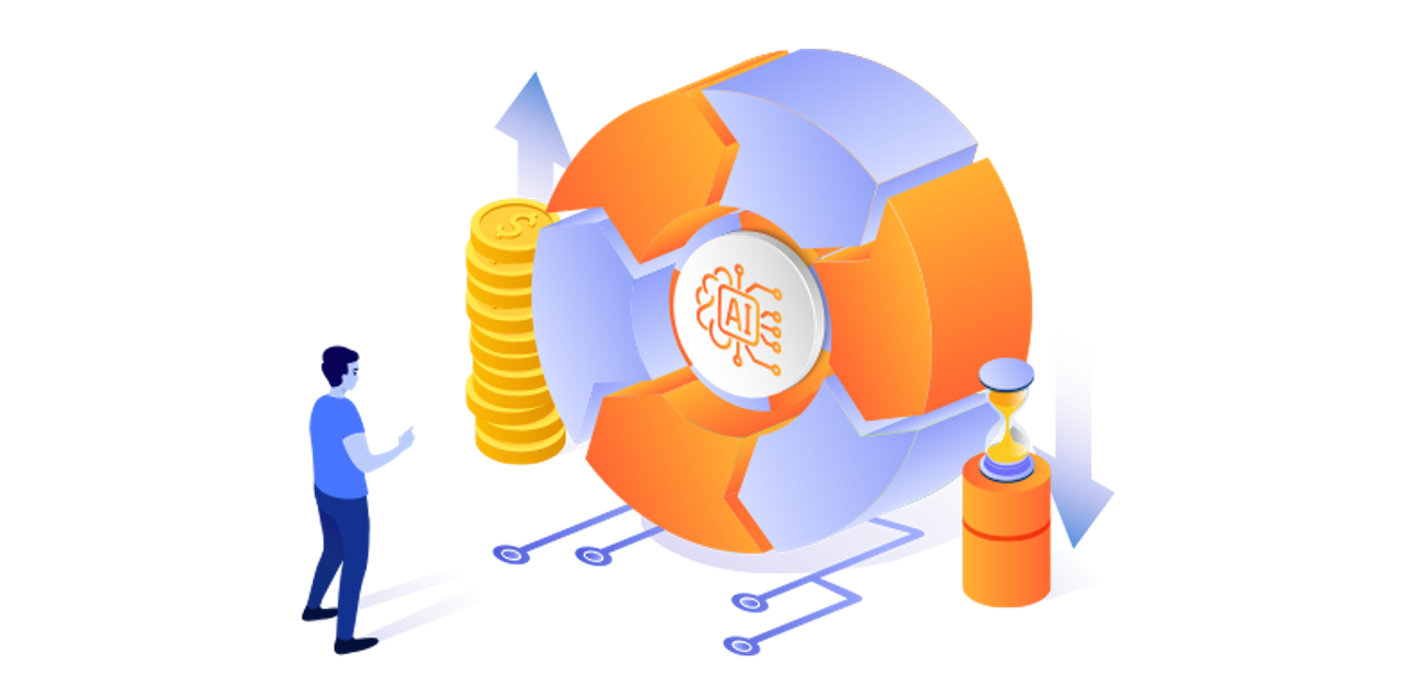 A person stood in front of a round cog with AI in the middle and a pile of coins on one side and an egg timer on the other.