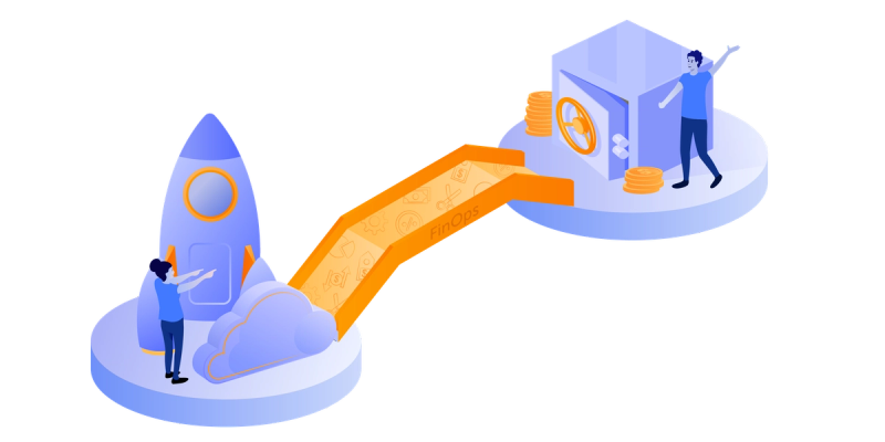 Cloud illustration with rocket for growth and safe for savings, linked by a bridge to show FinOps cost optimisation.