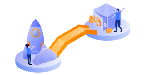 Illustrazione del cloud con un razzo a simboleggiare la crescita e una cassaforte a rappresentare i risparmi, collegati da un ponte per mostrare l’ottimizzazione dei costi con FinOps.