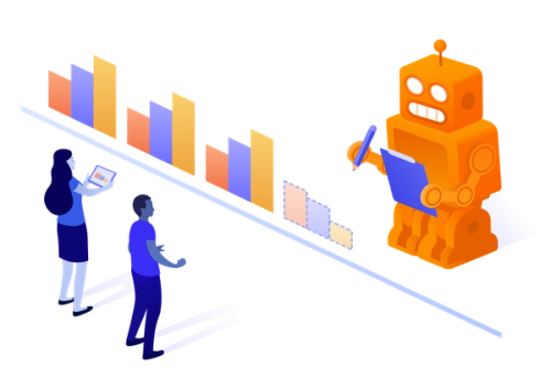 People working with a robot to asses data