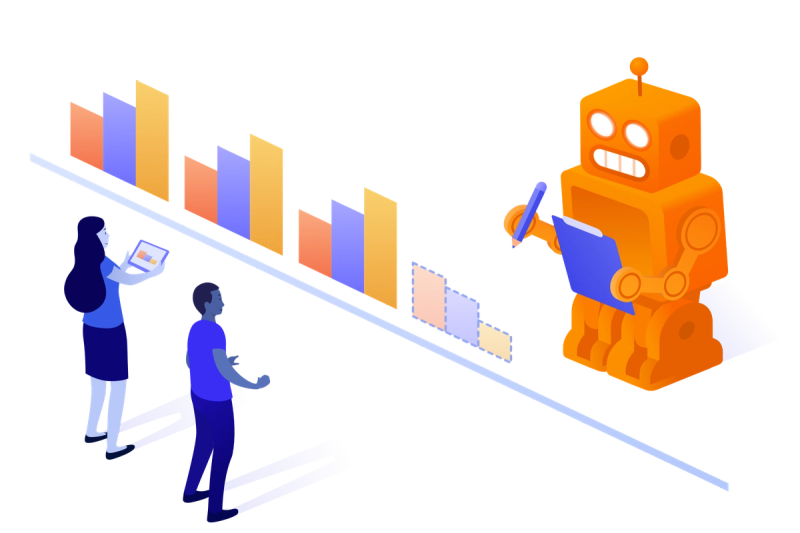 People working with a robot to asses data