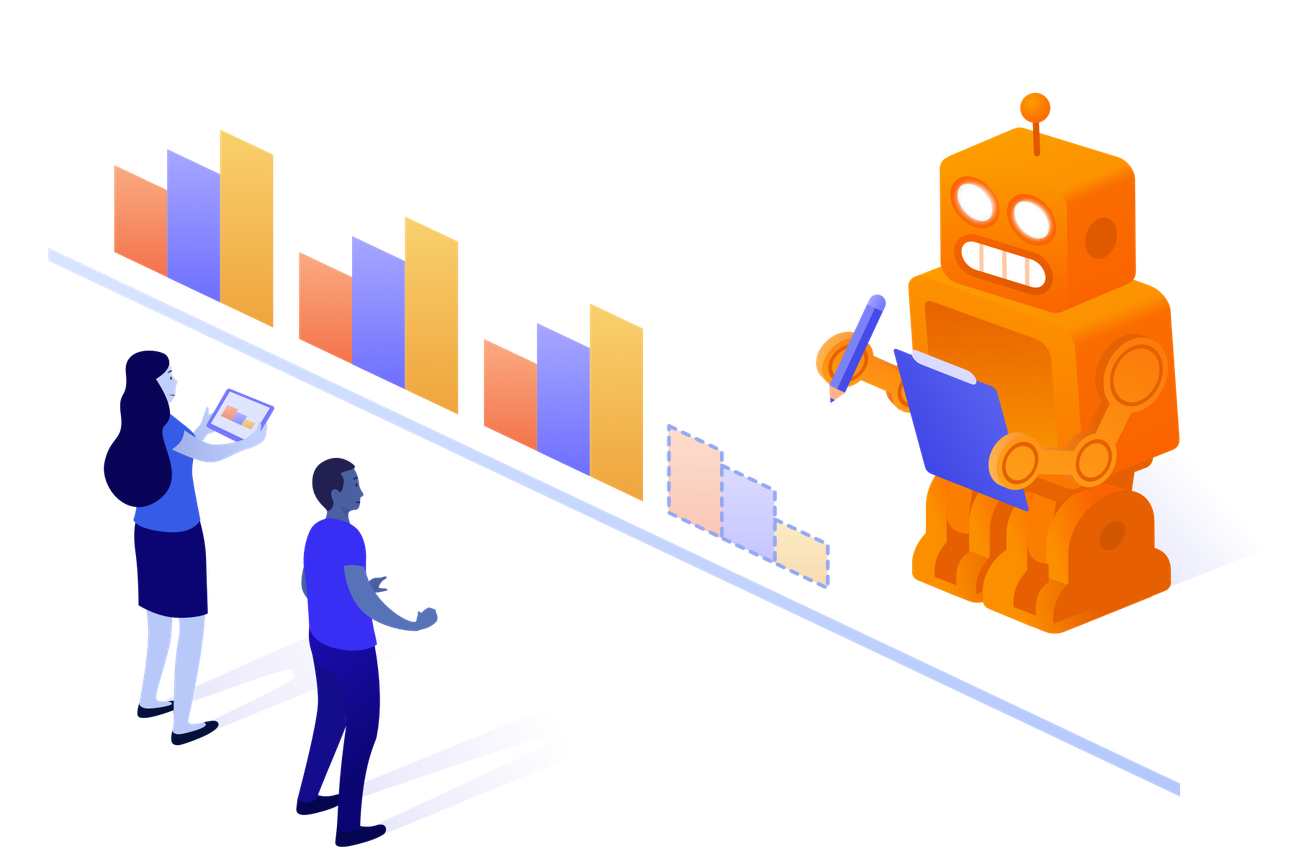 An AI robot with a clip board and pen. Two people stood at the other side with a conveyor belt of bar charts.