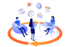 people surrounded by a circle with directional arrow working with different tools in different locations
