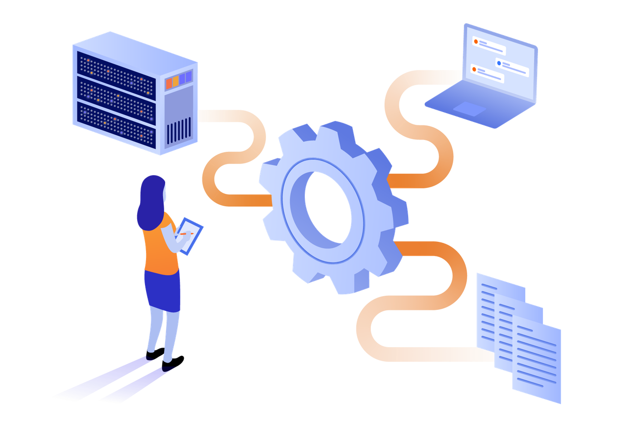 A person looking at a cog connected to computers